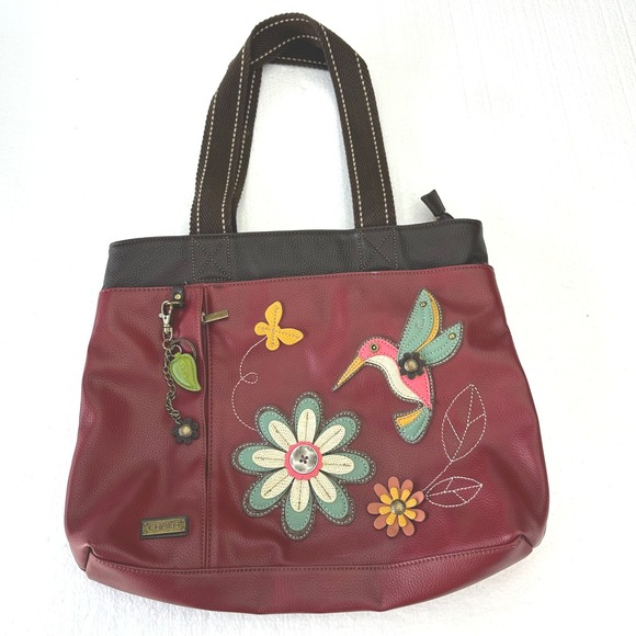 Chala Burgundy Red Hummingbird Floral Patchwork Vegan Leather Tote Bag Wear Art - Picture 1 of 13